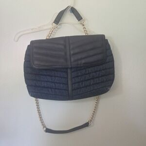 Talbots Quilted Blue Denim Bucket Handbag Purse Tote  Gold Chain Straps Lined